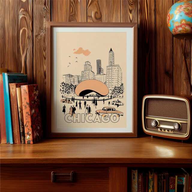 Chicago Mid Century Wall Art Poster - Vintage Inspired Mid Century Modern Decor Illustration, Archival Fine Art Print. City, State Gift - image 1
