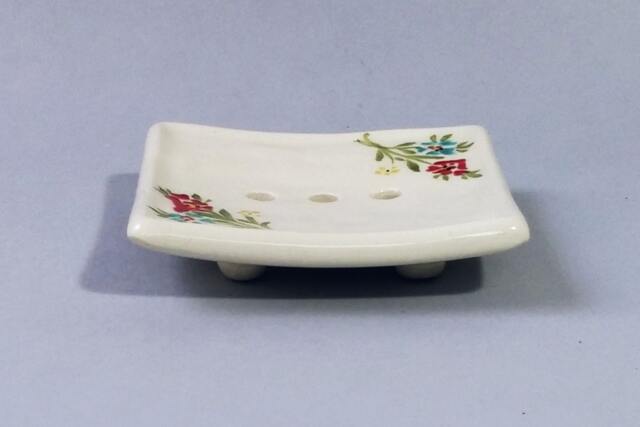 White Ceramic Soap Dish, Holder, Sponge Rest, Tray, Bathroom Decor, Retro Vintage Style, Handmade, Red Flowers - image 1