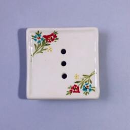 White Ceramic Soap Dish, Holder, Sponge Rest, Tray, Bathroom Decor, Retro Vintage Style, Handmade, Red Flowers - thumbnail 3