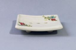 White Ceramic Soap Dish, Holder, Sponge Rest, Tray, Bathroom Decor, Retro Vintage Style, Handmade, Red Flowers - thumbnail 1