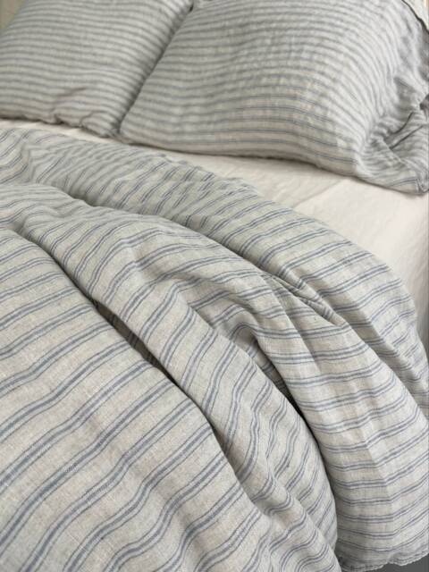 Linen Duvet Cover With Pillowcases, Blue Pinstripes French Bedding Vintage Style , Exclusive Limited Edition - image 1