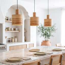Set Of 3 Olive Wood Pendant Light For Kitchen Island, Mid-Century Hanging Lamp Set, Fixture For A Cozy Home - thumbnail 2