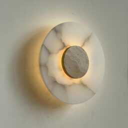 Luminous Alabaster Wall Sconce With Travertine Medallion, Modern Minimalist Handmade Sconce, Lamp, Art
