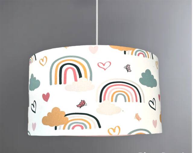 New Hq Kids Girls Room Smiling Clouds Butterfly Star Rainbow Pattern Lamp Shade Pendant Light On White Fabric - image 1