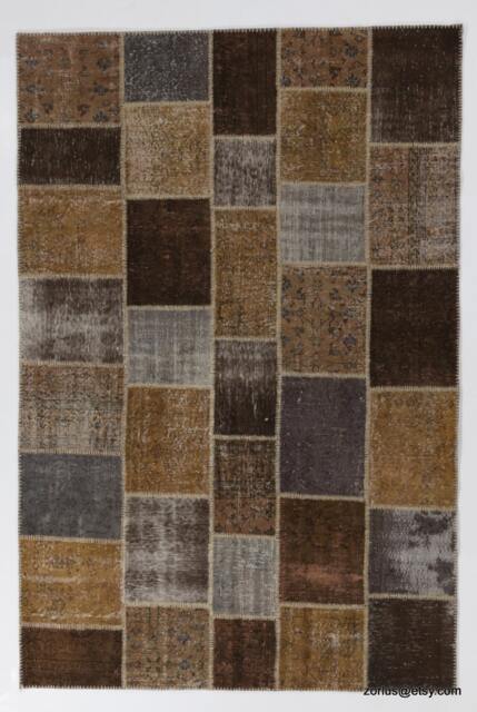 Handmade Turkish Patchwork Rug, Brown, Grey & Camel - image 1