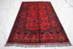 3'4x5'0 Feet Red Afghan Outdoor Rug, Turkmen Oriental Geometric Khal Mohammedi Bukhara Handmade Livingroom D??cor Office Rug - thumbnail 1