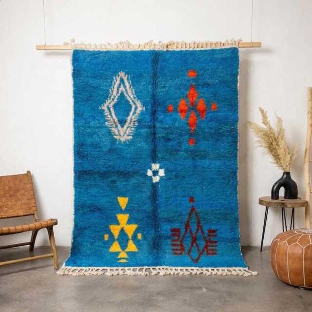 Moroccan Blue Berber Rug, Handwoven Wool Shag Rug With Framed Square Motifs, Authentic Beni Ourain Carpet, Large 9x12 Area - image 1