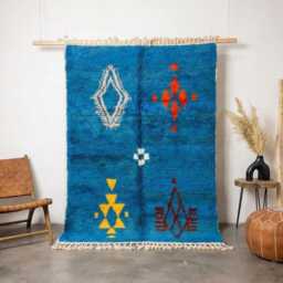 Moroccan Blue Berber Rug, Handwoven Wool Shag Rug With Framed Square Motifs, Authentic Beni Ourain Carpet, Large 9x12 Area - thumbnail 1