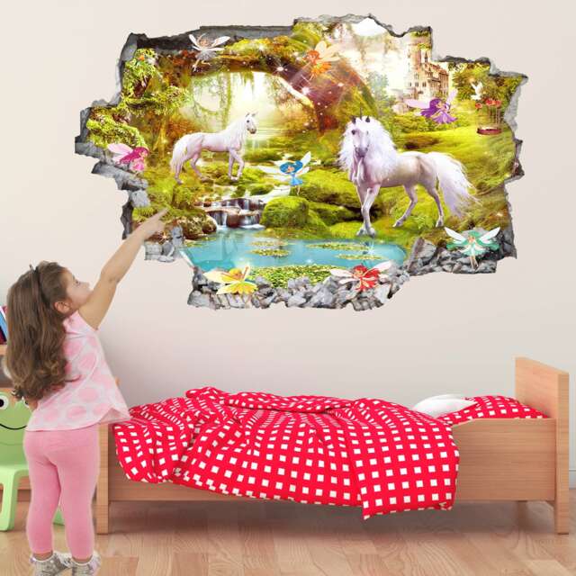 Unicorn Fairies Enchanted Forest Fantasy Wall Sticker Mural Decal Print Art Kids Girls Bedroom Decor Az37 - image 1