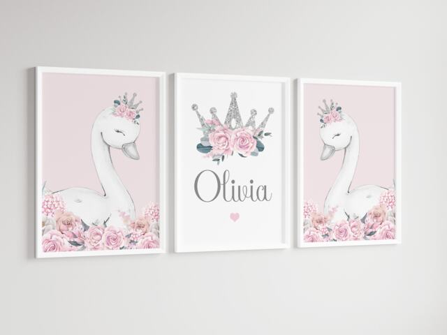 Swan Princess Girls Room A4 Or A3 Nursery Set Of Unframed Personalised Prints Pink Grey Flowers Bedroom Crown Girly Wall Art - image 1