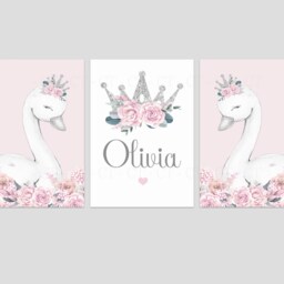 Swan Princess Girls Room A4 Or A3 Nursery Set Of Unframed Personalised Prints Pink Grey Flowers Bedroom Crown Girly Wall Art - thumbnail 3