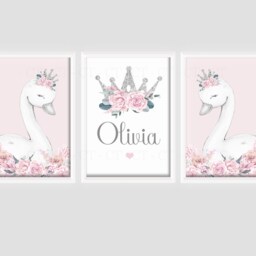 Swan Princess Girls Room A4 Or A3 Nursery Set Of Unframed Personalised Prints Pink Grey Flowers Bedroom Crown Girly Wall Art - thumbnail 2