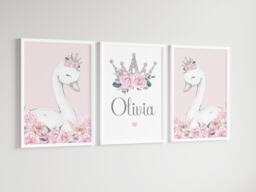 Swan Princess Girls Room A4 Or A3 Nursery Set Of Unframed Personalised Prints Pink Grey Flowers Bedroom Crown Girly Wall Art - thumbnail 1