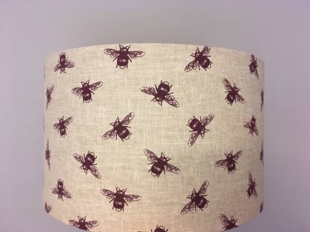 Bumblebee Plum Purple Lampshade, Made To Order in Beige Linen & Aubergine Bee Fabric - image 1