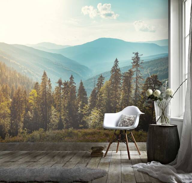 3D Pine Forest Wallpaper, Mountain View Wall Mural, Peel & Stick - image 1