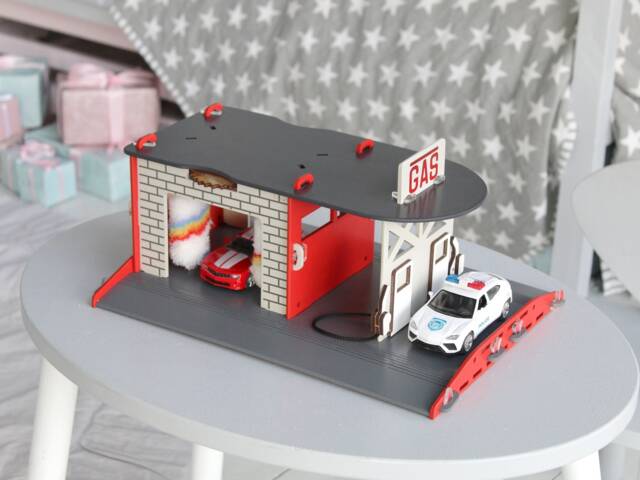 Wooden Toy Gas Station With Moveabe Filling Guns & Manual Car Wash - Up To 132 Scale Vehicles - image 1