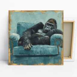Gorilla Art, Canvas Or Poster, Contemporary Figurative Animal Decor, Living Room Bedroom Office Library Wall Blue Teal Gold Black - thumbnail 1