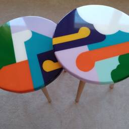 Round Resin Coffee Tables Boho Wooden End Table Set, Colorful Abstract Art - thumbnail 3