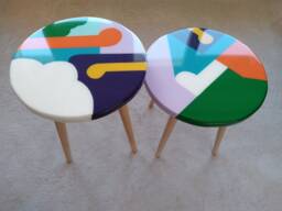 Round Resin Coffee Tables Boho Wooden End Table Set, Colorful Abstract Art