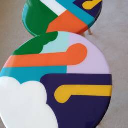 Round Resin Coffee Tables Boho Wooden End Table Set, Colorful Abstract Art - thumbnail 4
