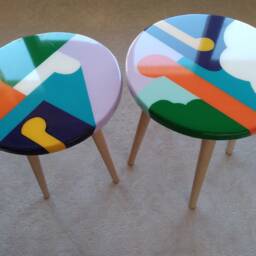 Round Resin Coffee Tables Boho Wooden End Table Set, Colorful Abstract Art - thumbnail 2