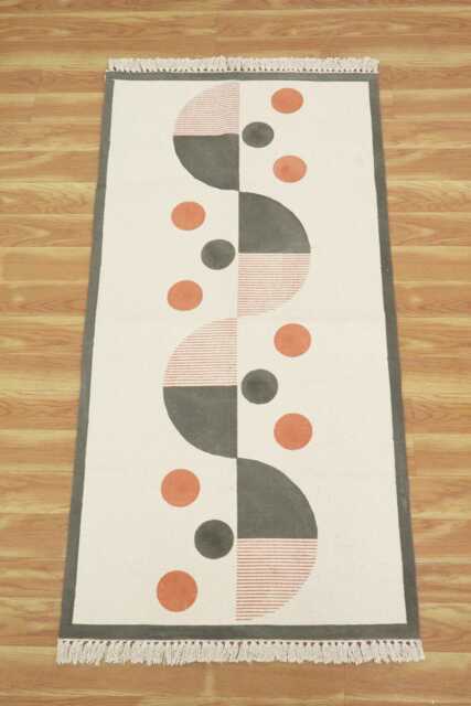 Modern Orange Gray Cotton Rug, Geometric Dhurrie, Hand Woven - image 1
