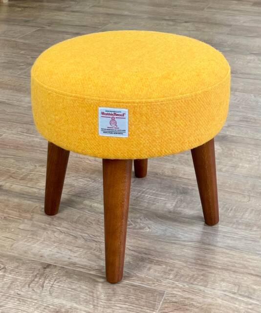 Yellow Harris Tweed Footstool With Dark Varnished Wooden Legs - image 1