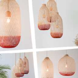 Hand-Dyed Bamboo Pendant Light, Rust Orange Terracotta Copper, Fish Trap Lamp Shade - thumbnail 2