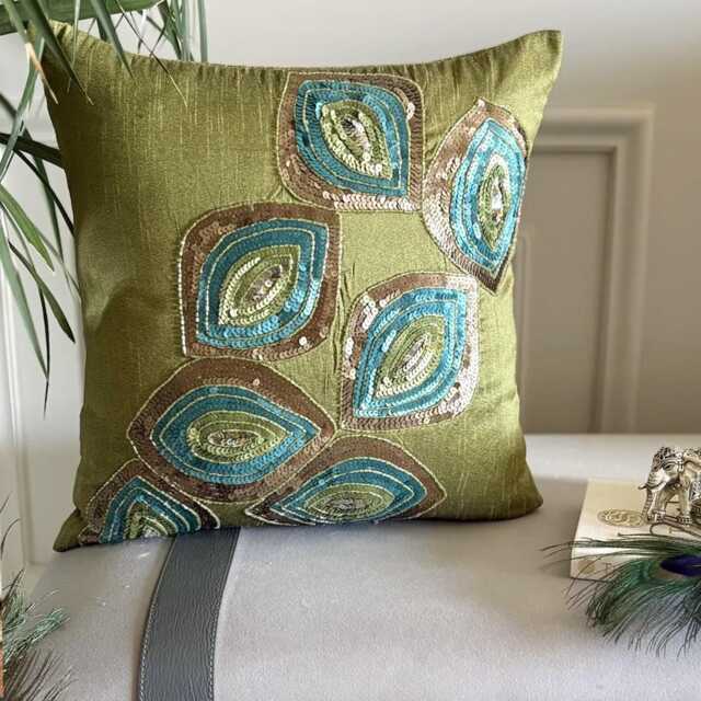 Sequin Embellished Green Art Silk Abstract Pattern 24x24/26x26, Deco Euro Sham - Peacock - image 1