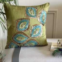 Sequin Embellished Green Art Silk Abstract Pattern 24x24/26x26, Deco Euro Sham - Peacock