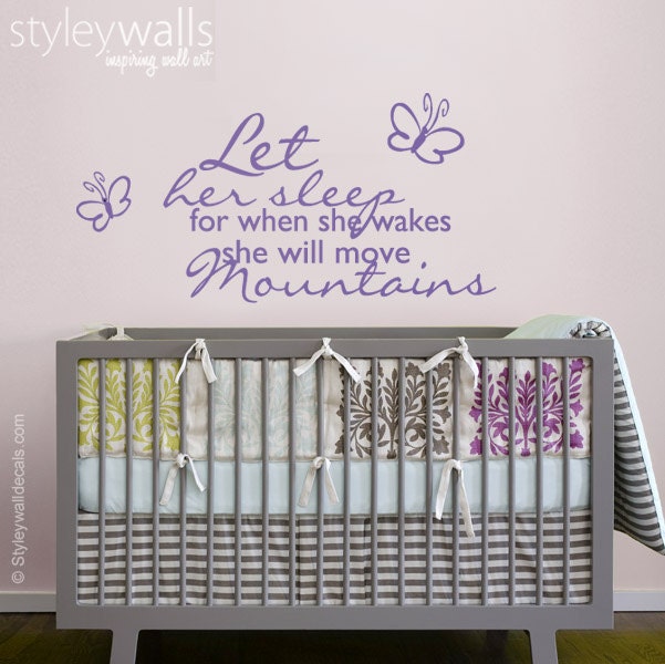Let Her Sleep For When She Wakes Up Will Move Mountains Wall Decal, Girls Nursery Room Quote Butterflies Decal - image 1