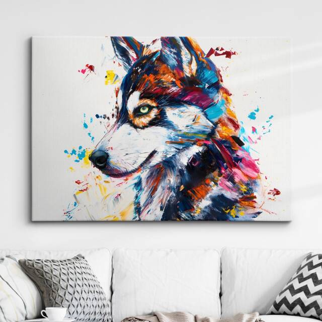Colorful Siberian Husky Dog Pet Abstract Modern Oil Painting Wall Art, Framed Canvas Poster Print, Home Kitchen Office Room Decor, Gifts - image 1
