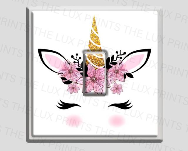 Magical Unicorn Light Switch Sticker Decal Kids Bed Room Girl's Decor Nursery New Born Home Wall Decoration Pink & Purple Floral Theme