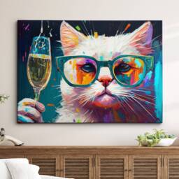 Cat Drinking Wine Pet Abstract Modern Painting Wall Art, Framed Canvas Poster Print, Home Kitchen Office Room Decor, Gifts - thumbnail 1