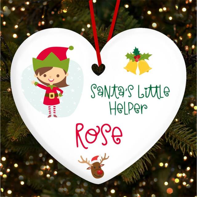 Brown Hair Elf Santa's Helper Personalised Christmas Tree Ornament Decoration