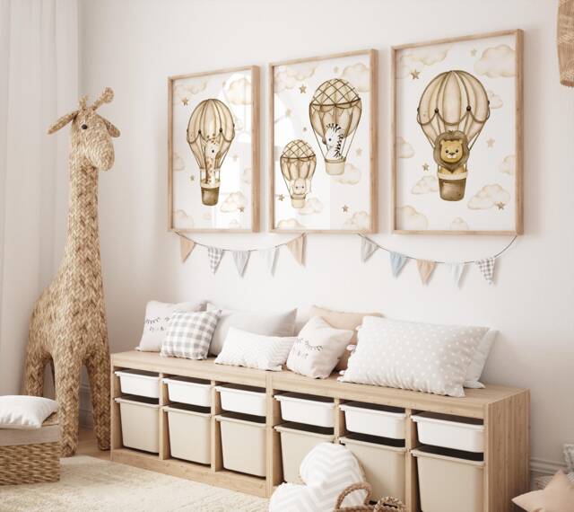 Safari Animal Hot Air Balloon Nursery Prints Set Of 3 - image 1