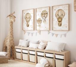 Safari Animal Hot Air Balloon Nursery Prints Set Of 3 - thumbnail 1