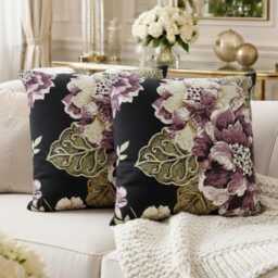 Black Purple Floral Cushion Covers 18x18 Inch 45x45cm - Handmade Hidden Zip Worldwide Shipping