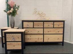 Large Boho Scandinavian Chest Of Drawers & Matching Bedside Tables Painted Bespoke Stencilled - thumbnail 1