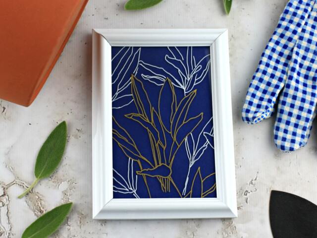 Sage Herb Plant Line Art. Gardening Gift Under 20. Minimalist Herbal Kitchen Wall Decor. Blue, White & Gold Boho Chic Framed Painting - image 1