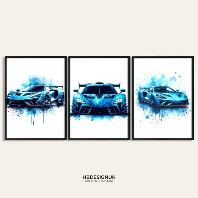 Blue Car Wall Art Set - Of 3 Posters - Watercolour Painting Boys Room Decor Bedroom Print Gifts Super Sports Artwork - image 1