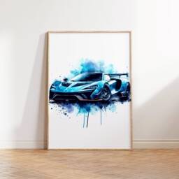Blue Car Wall Art Set - Of 3 Posters - Watercolour Painting Boys Room Decor Bedroom Print Gifts Super Sports Artwork - thumbnail 2