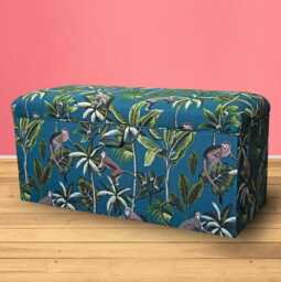 Storage Bench Ottoman in A Monkey Teal 100% Cotton Print Fabric - British Made Stool