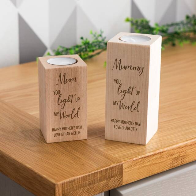 First Mother's Day Gift - 1st Wood Candle Holder For Mum Personalised Tea Light Lc764 - image 1