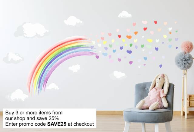 Pastel Watercolour Rainbow & Hearts Wall Stickers Nursery Decor Decal - image 1