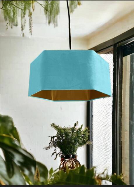 New Luxury Premium Quality Turquoise Blue Hexagon Velvet Lamp Shade Pendant Light With Metallic Lining - image 1