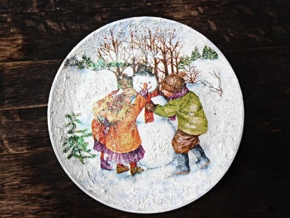 Christmas Wall Decor Plate Snowman Decoupage Snow Holiday Art Decoration Painted Merry Decor Family Gift - image 1