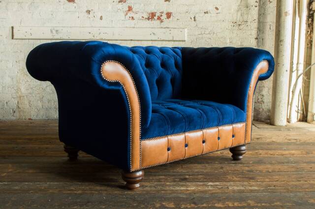Chesterfield Snuggle Chair, Blue Velvet & Vintage Tan Leather, British Handmade - image 1