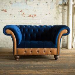 Chesterfield Snuggle Chair, Blue Velvet & Vintage Tan Leather, British Handmade - thumbnail 2