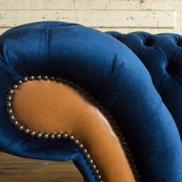 Chesterfield Snuggle Chair, Blue Velvet & Vintage Tan Leather, British Handmade - thumbnail 3